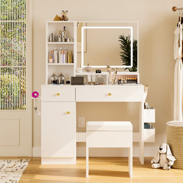 Mercer41 Makeup Vanity Table Set With Mirror, Led Light,storage Stool